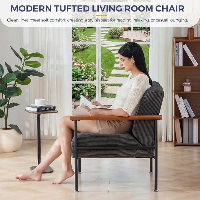 MAXYOYO Living Room Accent Chair, Modern Chair with Sturdy Metal Frame & Wood Armrests, Upholstered Reading Chair with Upholstered Cushion for Bedroom Balcony Porch, Dark Grey