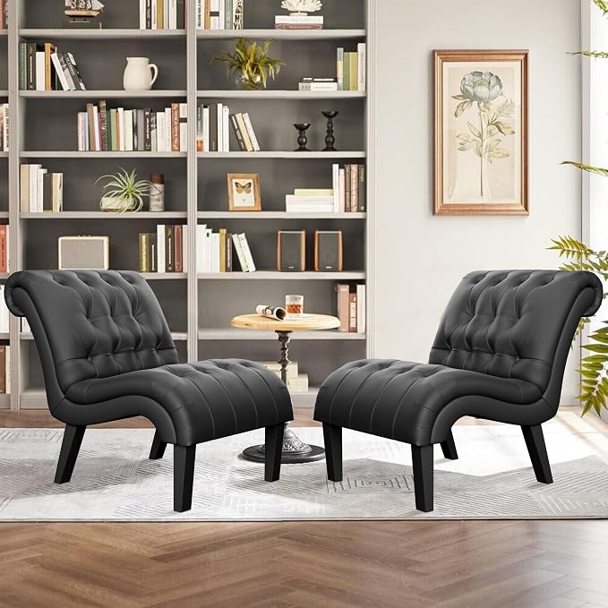 Black Faux Leather Accent Chair Modern Button Tufted Upholstered Armless Chair for Bedroom Living Room with Wood Legs