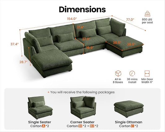 154" Oversized Corduroy Couch Modular Sectional Sofa, Washable Cloud Couch Sectional with 2 Ottoman, 6 Seater Sectional Couches for Living Room, Fully Cover Removable, U Shaped, Corduroy, Green