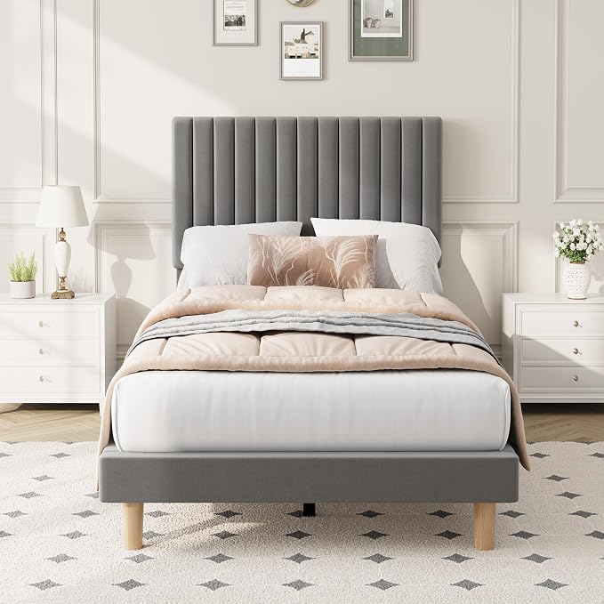 IDEALHOUSE Twin Bed Frame with Adjustable Headboard, Velvet Upholstered Platform Bed Frame Twin Size, Vertical Channel Tufted, Strong Wooden Slats, No Box Spring Needed, Easy Assembly, Grey
