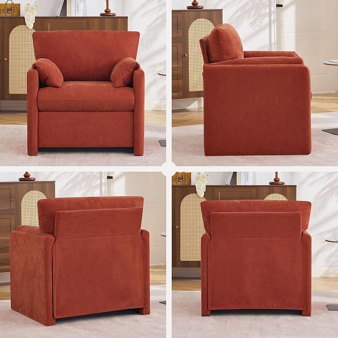 Oversized Accent Chair for Living Room, 32.68" Large Modern Armchair with Deep Seat, Mid-Century Comfy Reading Chair with Padded Arms, Chenille Single Sofa Chairs for Bedroom, Orange