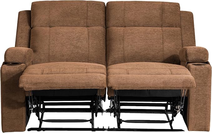 GUEAPY 55" Loveseat Reclining Sofa with Cup Holders – Manual Double Reclining Sofa for Aprtment & Small Spaces, Chenille Fabric Reclinig Couch with Wide Armrests & Side Storage for Livingroom Brown