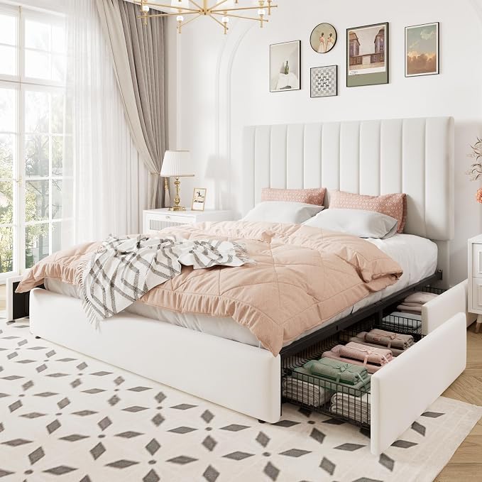 Allewie Queen Size Storage Bed Frame, Vertical Channel Tufted Adjustable Headboard, Velvet Upholstered Platform Bed with 4 Oversized Underbed Drawers, Wooden Slats Support, No Box Spring Needed, White
