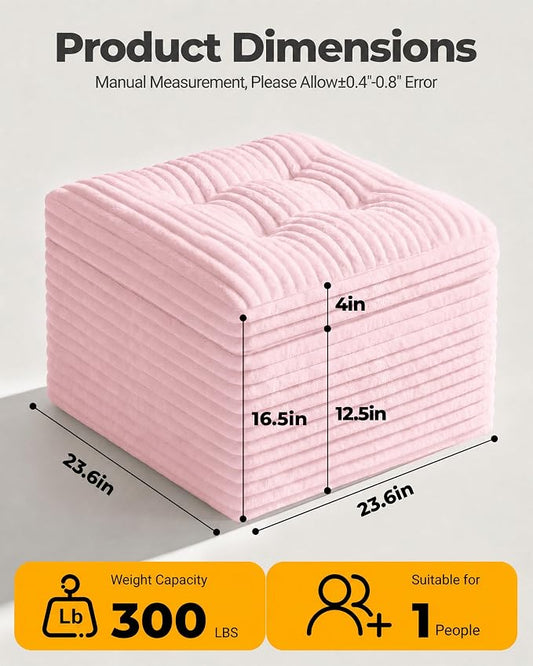 23.6in Pouf Ottoman, Corduroy Ottoman Foot Rest with Dual‑Layer Support, Large Poofy Pouf with Soft Chunk‑Foam Top & Firm Foam Base, Floor Foot Stool for Living Room, Pink