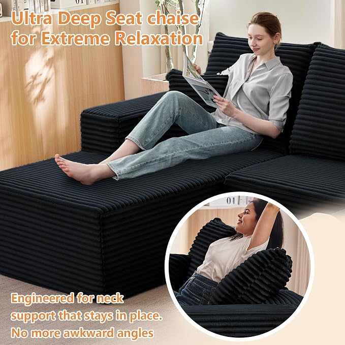 96" Modular Sectional Sofa,Modern Corduroy Cloud Couch,Boneless Couch Upholstered 3-Seater L-Shaped Sofa for Living Room,Couch in a Box No Assembly (Black, Left-Facing Chaise)
