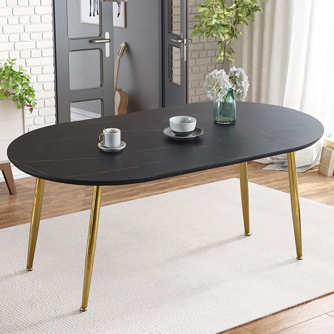 70” Extendable Round Dining Table for 4 6 Modern Oval Dining Room Table Expandable Large Dinner Table for Kitchen Faux Marble Top Gold Metal Leg Black