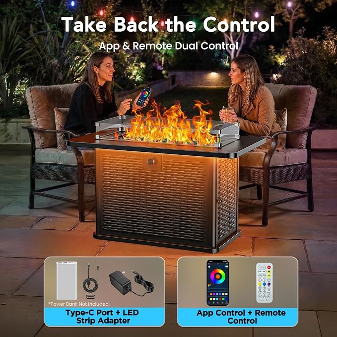 Ciays 43" Rectangular Propane Fire Pit with RGB Lighting Strip – 60,000 BTU Gas Fire Pit Table, Glass Stones, Wind Guard, Adjustable Flame, Outdoor Fire Pit for Patio & Garden, Black