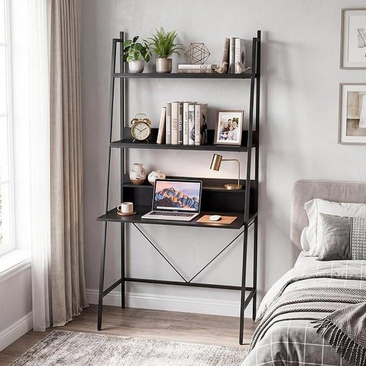 Tangkula 3-Tier Ladder Computer Desk, 71 Inch Modern Writing Desk with Storage Shelves, PC Laptop Workstation, Ladder Bookcase Stand Shelf with Metal Frame, Study Shelf Desk for Home Office (Black)