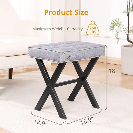 LUE BONA Vanity Stool - Square Linen Makeup Seat With Metal X Legs, Small Ottoman Chair for Makeup Room, Living Room, Bathroom - Modern Padded Foot Rest, Dark Gray