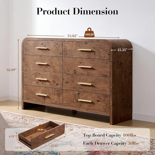 Curved 8 Drawer Dresser for Bedroom, 53.82'' Wide Chest of Drawers, Modern Storage Cabinet for Hallway & Living Room TV Stand, FSC Certified 1.18" Thick Board, 100 lbs Top Weight, Dark Burl