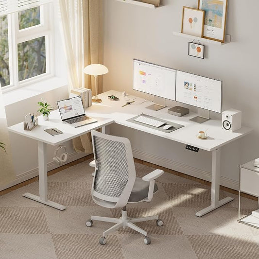 Agilestic Electric L Shaped Standing Desk 75 x 61 Inch with Power Outlet, Height Adjustable Corner Stand up Desk with Cable Management,Sit Stand Home Office Workstation with Splice Board, White