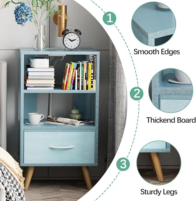 Aenuert Night Stand with Charging Station, Blue Nightstand with Drawer, 3-Tier Wooden Bedside Table with USB Ports and Outlets, End Table for Small Space, Living Room, Bedroom