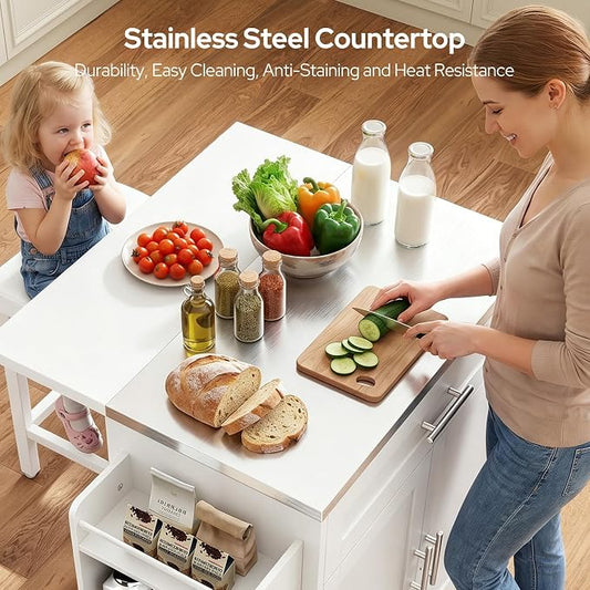 Concho 41'' Kitchen Island with Seating and Stainless Steel Countertop, Rolling Kitchen Carts on Wheels with Folding Drop Leaf, Bar Stool, Power Outlet, Spice/Towel Rack, White