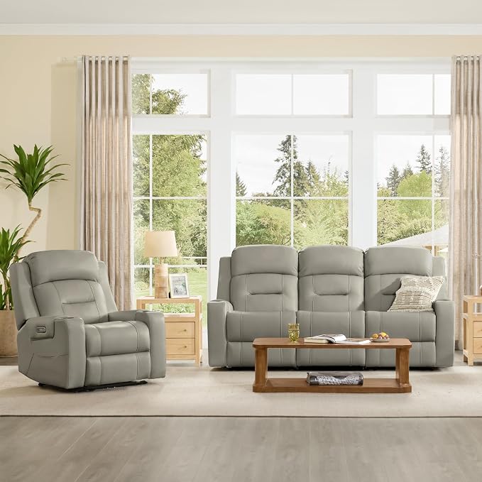 Watson & Whitely Genuine Leather Power Loveseat and Recliner Sofa Set, Lay Flat Reclining Couch with Console, Power Headrest, USB & Wireless Charging, Cup Holders for Living Room, Grey