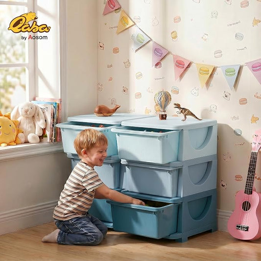 Qaba 6 Drawers Kids Storage Unit, 3 Tier Stackable Toy Organizers and Storage Chest for Bedroom, Nursery, Playroom, Living Room, Boys, Girls, Toddlers, Blue