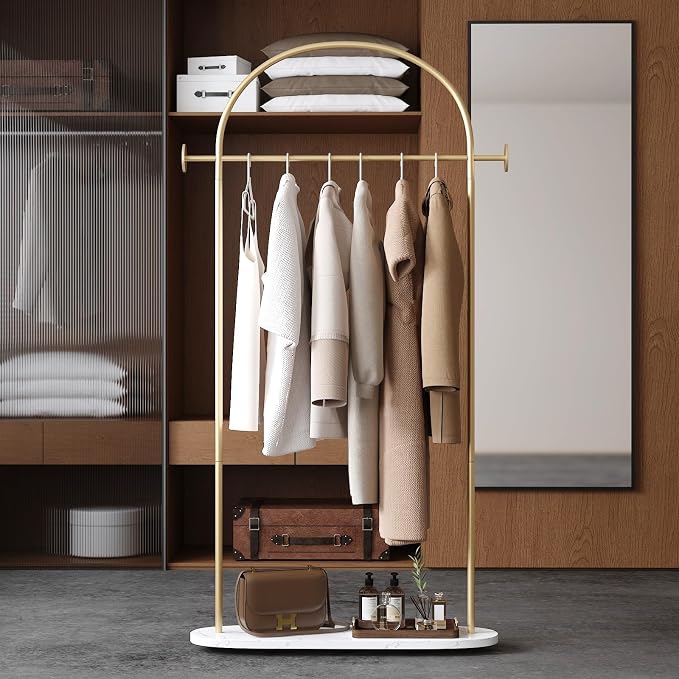 TIEOU Metal Gold Coat Rack, Freestanding Entryway Stand, Hat Coat Hanger, Small Clothing Rack, Modern