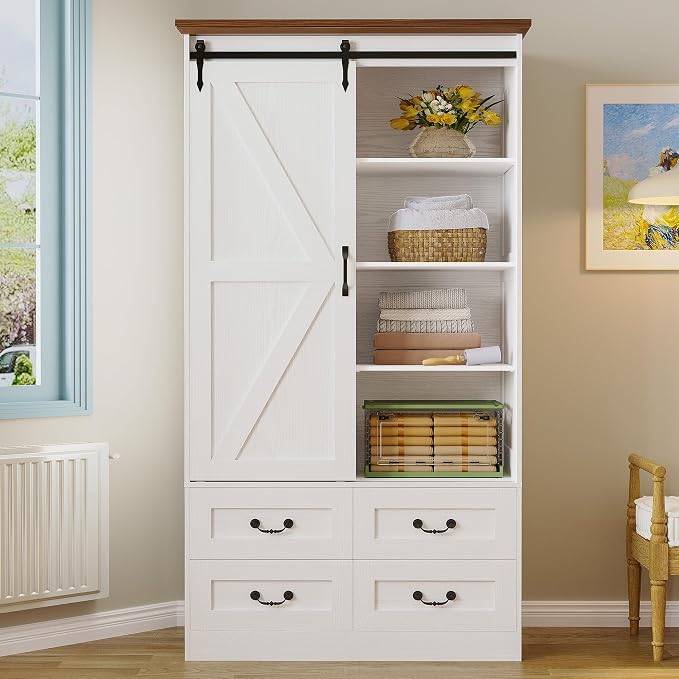 IRONCK Armoire Wardrobe Closet with 4 Drawers,71" Wardrobe Cabinet with Sliding Barn Doors, Tall Clothing Storage Cabinet with Hanging Rod and Shelves for Bedroom, White