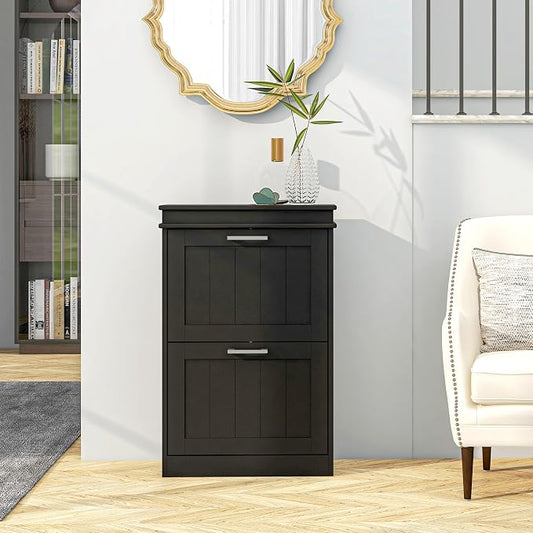 HOMCOM Narrow Shoe Cabinet with 2 Flip Drawers, Modern Freestanding Shoe Storage Cabinet with Adjustable Shelves for Entryway, Hallway, Black