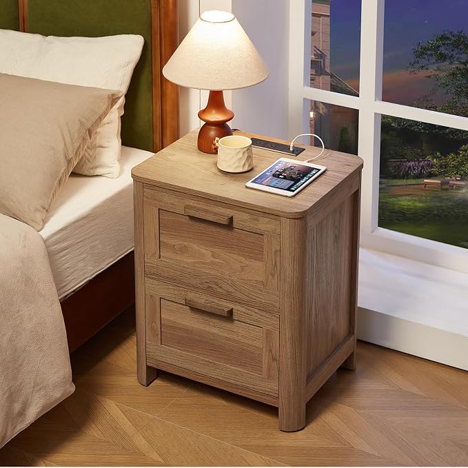 Joaxswe Farmhouse Nightstand Set of 2 with Charging Station, End Tables Bedroom with 2 Large Drawers & 4 Thickened Table Legs, Brown