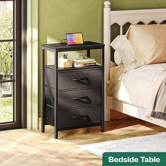Huuger Nightstand with Charging Station, 27.6 Inch Side Table with Fabric Drawers, End Table Bedside Table with USB Ports and Outlets, Night Stand for Bedroom, Black