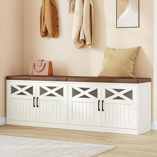 Hzuaneri 2 Tier Shoe Storage Bench with Doors, 59" Farmhouse Shoe Bench with Padded Cushion, 12-16 Pairs of Bed End Bench, Entryway Bench with Storage for Bedroom, Living Room,Rustic White SB61514KA