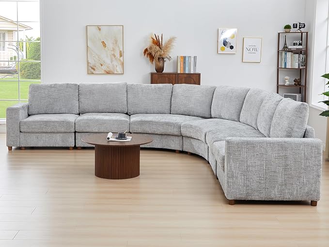 ORRD Oversized Curved Sectional Sofa, Convertible L Shaped Couch with Deep Seat, Boucle Modular Sectional Sofa with Pillows, Curved Chenille Comfy Corner 6 Seat Couch for Living Room, Grey