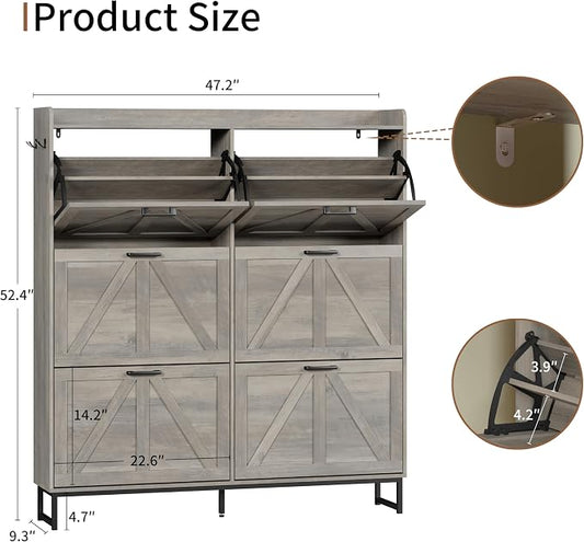 Shoe Cabinet with 6 Flip Drawers, Freestanding Hidden Shoe Storage Organizer for Entryway, Narrow Slim Shoe Rack Cabinet with Open Storage & Hooks for Front Door Entrance, Living Room, Hallway, Grey