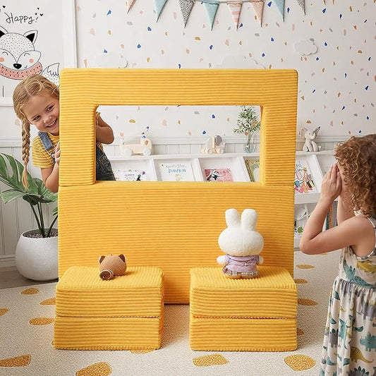 MeMoreCool Modular Kids Couch, Corduroy Play Toddler Couch for Bedroom Playroom Furniture, Convertible Foam Kids Sofa Bed, Fold Out Baby Sofa for Girl Boy, Yellow