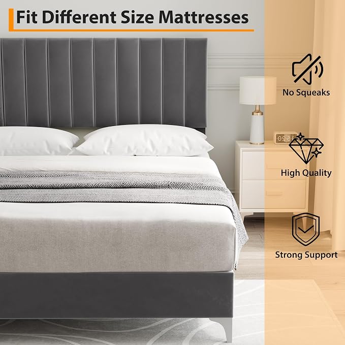 IDEALHOUSE Queen Size Bed Frame with Adjustable Headboard, Velvet Upholstered Platform Bed Frame with Wooden Slats Support, Queen Bed Frame with Under Space, Easy Assembly, Dark Grey