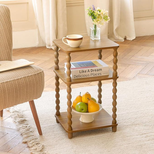 Fultyle End Table, Small Side Table with 3 Tier Open Shelf, Modern Night Stand Accent Table for Small Spaces, Living Room and Office (Caramel Tan)