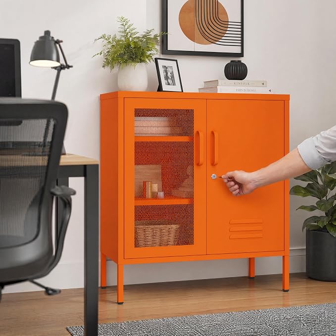 Lockable Metal Storage Cabinet Locker, Multifunctional Versatile Storage Lockers with Adjustable Shelves and Mesh Door, Durable Metal Sideboard Furniture for Restaurant Home Office Orange