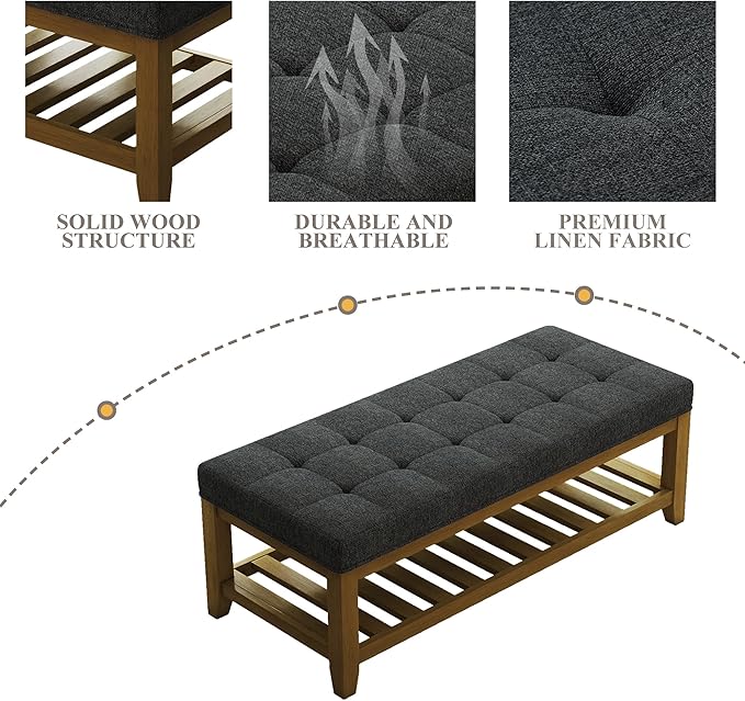 Befurtori Large Rectangular Upholstered Ottoman Bench, Linen Tufted Footrest Ottoman with Solid Wood Shelf Storage Coffee Table for Bedroom Living Room, Dark Gary