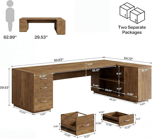 Tribesigns 85.8-Inch L-Shaped Executive Office Desk with File Drawers & Storage Cabinet, Professional Corner Computer Desk Extra Large Business Workstation with Adjustable Shelves, Light Brown