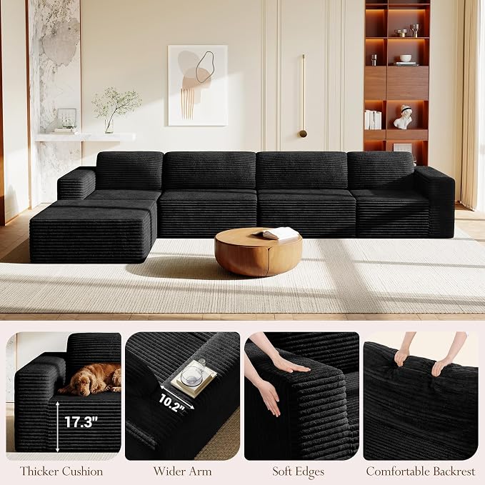 Vesgantti 159" Large Modular Sectional Sofa, L-Shaped Corduroy Cloud Couch with Deep Seats & Spring Support, 4-Seater Boneless Sofa with Movable Ottoman, No Assembly Needed, Black