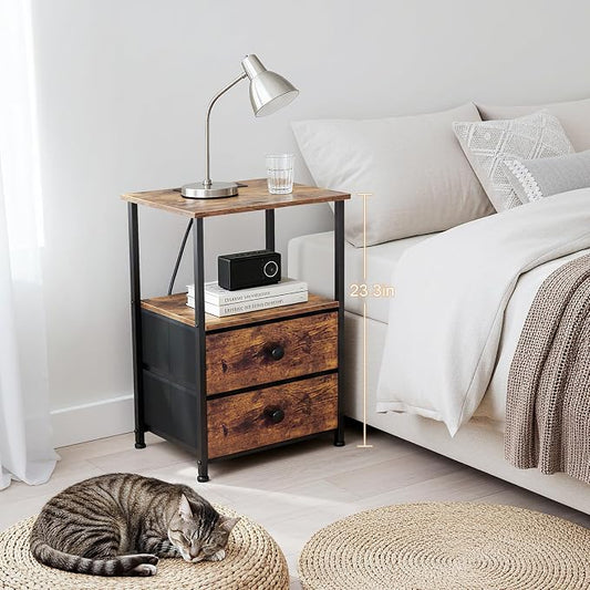 LOAKEKEL Nightstands Set of 2, Night Stand with Charging Station, End Tables with Storage Shelf for Small Spaces, Bedside Table with 2 Fabric Drawers for Bedroom, Rustic Brown, HETS020PBR
