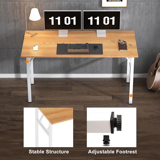 Need Folding Computer Desk, Large 62 inches Folding Table for Home Office, No Install Needed Foldable Writing Table Long Desk, Space-Saving, Teak White