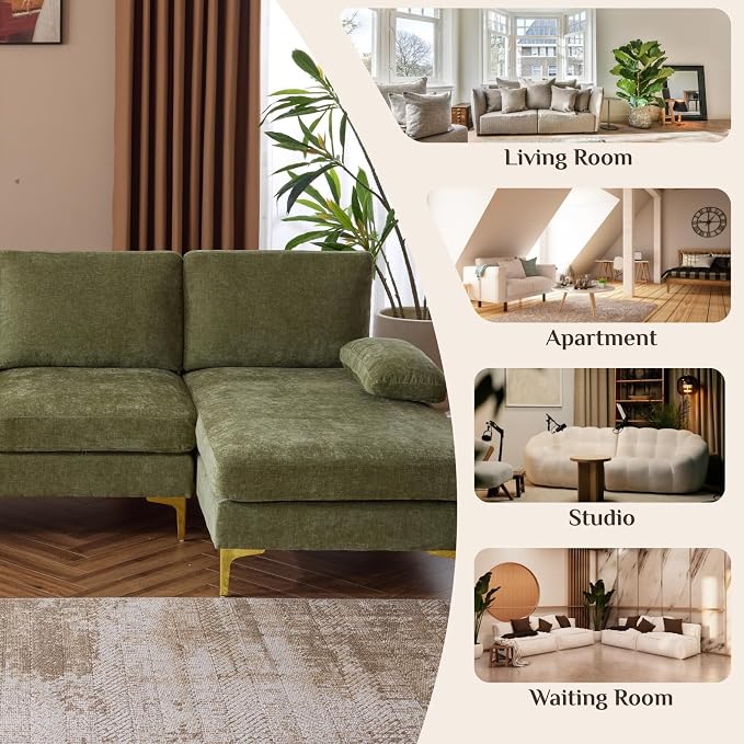 Karl home 110" Sectional Sofa U-Shaped 4-Seat Couch with Chaises Chenille Fabric Upholstered for Living Room, Apartment, Office, Green