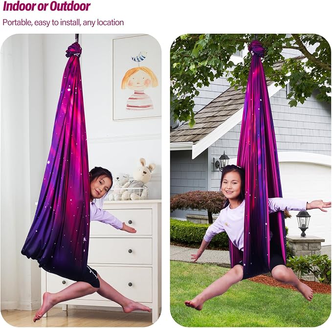Sensory Swing for Kids & Adults Holds up to 300lbs Indoor & Outdoor Double Layer Therapy Cuddle Swing with 360° Swivel Hanger Kit for Calming, Effect for Autism, ADHD or SPD. (Galaxy Purple)