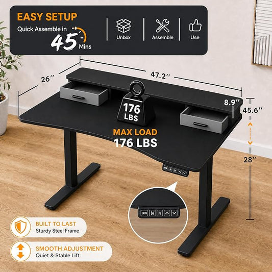 Grandder Electric Standing Desk with Two Drawers, Curved Desktop Sit to Stand Up Height Adjustable Desk with Storage Shelf for Home Office, 47 * 26 Inch, Ergonomic Adjustable Computer Desk, Black