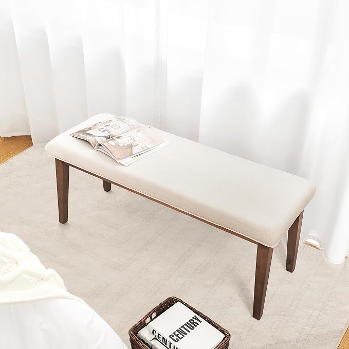 kinmars Upholstered Bench for Bedroom End of Bed,42.5-inch Entryway Bench for Living Room,Dining Bench with Padded Seat and Solid Wood Leg for Kitchen Bedroom,Indoor and Hallway (Bench, Beige)