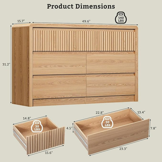 LYNSOM 7 Drawer Dresser for Bedroom, 50" Wide Fluted Dresser with Curved Corners, Wood Dressers & Chests of Drawers with Dual-Panel Design for Bedroom, Entryway, Oak