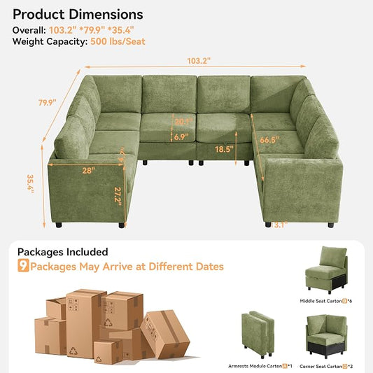 104'' U Shaped Modular Sofa, Sectional Couches with Storage for Living Room, Oversized 8 Seater Cloud Sectional Couch, Chenille Green
