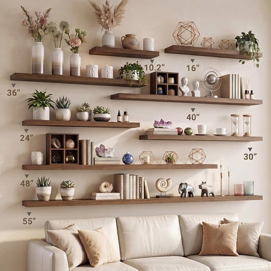 Vivelove 10 in Deep Floating Shelves for Wall, 16" x 10.2" x 1.5" Shelves for Room Wall Mounted, 1.5 Inch Thick Shelf for Bathroom Bedroom Kitchen Book Room, Modern Farmhouse Decor, Set of 2, Walnut