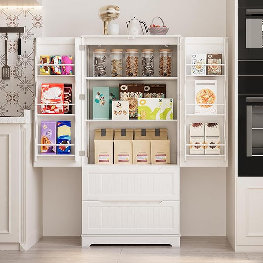 Gizoon 63" Tall Kitchen Pantry Cabinet with Drawers for Dining Room, Food Pantry Storage Cabinet with 6 Doors Shelves for Snack and Spice, Large Craft Storage Cabinet for Craft Room, White, Painted