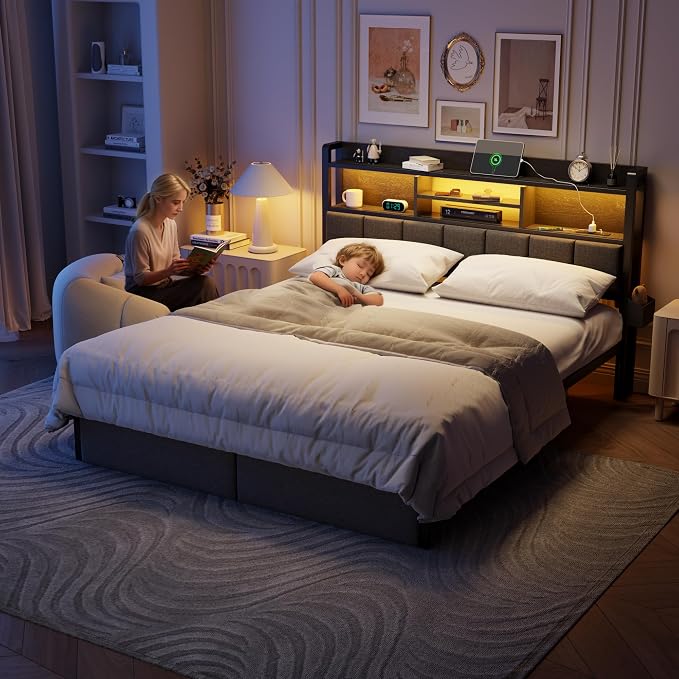 Furnulem King Bed Frame with Wood Headboard & Storage Drawers, Metal Platform Bed Frames King Size with LED Lights, Built in Charging Station, No Box Spring Needed, No Noise, Easy Assembly, Black