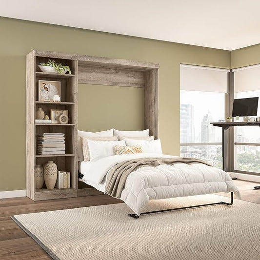Bestar Pur Full Murphy Bed with Shelving Unit, 84-inch Space-Saving Sleeping Arrangement for Multipurpose Room in Rustic Brown