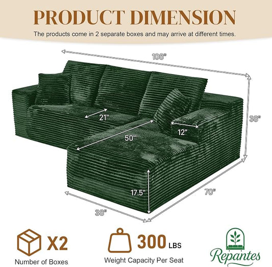 108" L Shaped Boneless Sectional Couches for Living Room, Comfy Corduroy Floor Cloud Sofa with Chaise, Wide Armrest, Deep Seat, Memory Foam, Assembly Free, Ideal for Small Spaces, Green