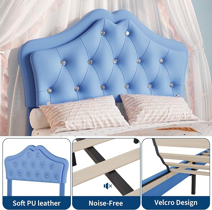 Garvee Twin Size Bed Frame with LED Lights & Velvet Crystal Button Headboard, Upholstered Boy/Girl Platform Bed with Storage Drawer, Noise Free, No Box Spring Needed for Kids, Teens, Blue