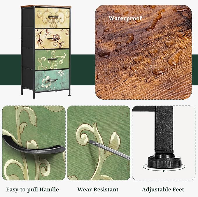 4 Drawers Dresser for Bedroom, Fabric Storage Tower Organizer with Wooden Top and Steel Frame, Tall Chest of Drawers for Closet, Entryway, Dorm, Floral Painted
