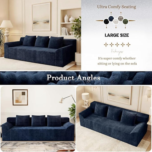 71" Corduroy Living Room Sofa, 3 Setaser Deep Seat Couch with 3 Lumbar Pillows, Comfy Boneless Sofa Modern Compressed Couch for Bedroom, Office, Apartment, No Assembly, Curved Armrests (Blue)